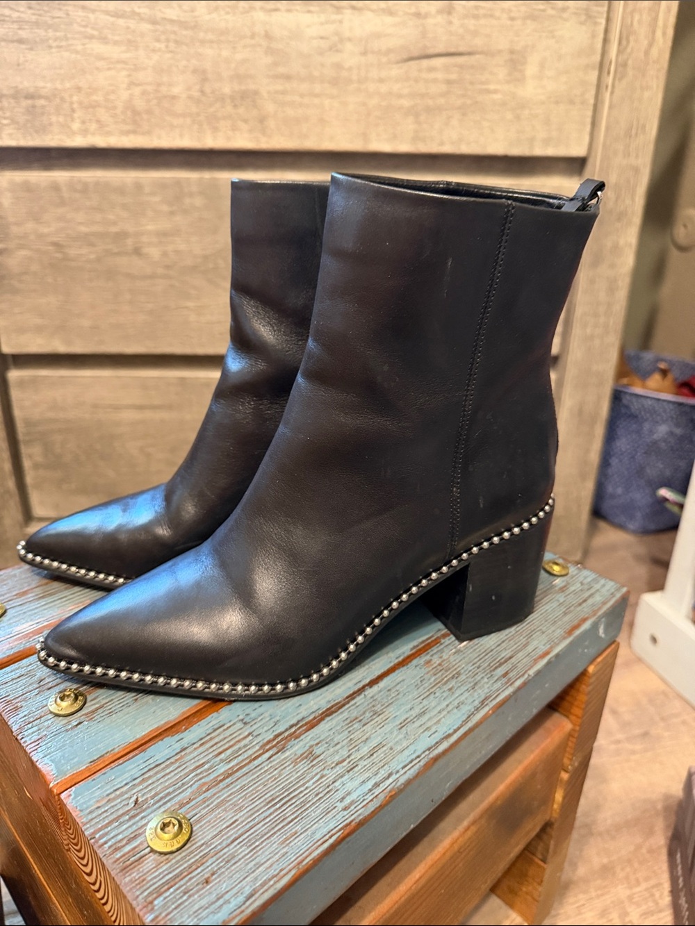 Steve Madden women’s Black Leather Studded Mid-Calf Block Heel Boots